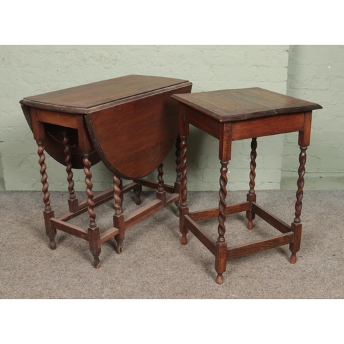 596 - Two oak barley twist tables. Includes drop leaf and occasional example.