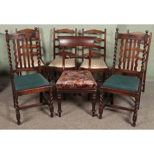 614 - A quantity of dining chairs. Includes a pair of barley twist support examples, etc.