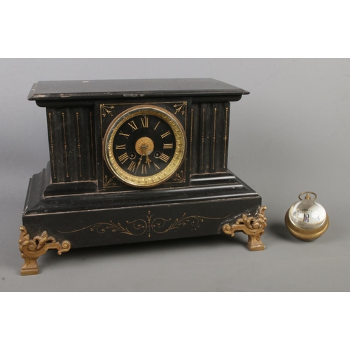 136 - A black slate mantle clock, with gilt highlights and Roman Numeral dial, together with an Elgin Inca... 