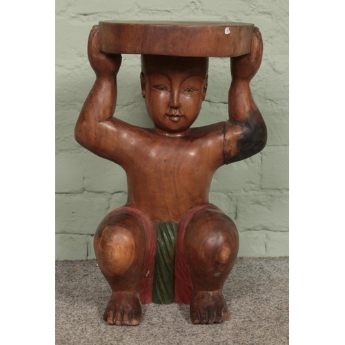 138 - A carved hardwood plant stand depicting a tribal figure holding a board. Height: 48cm.