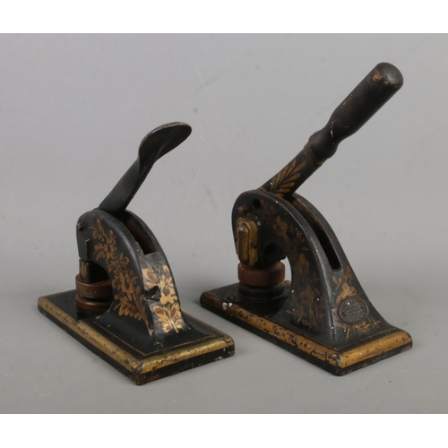 169 - Two Victorian desk stamps/punches, one bearing label for Jordan & Sons, Chancery Lane, London.