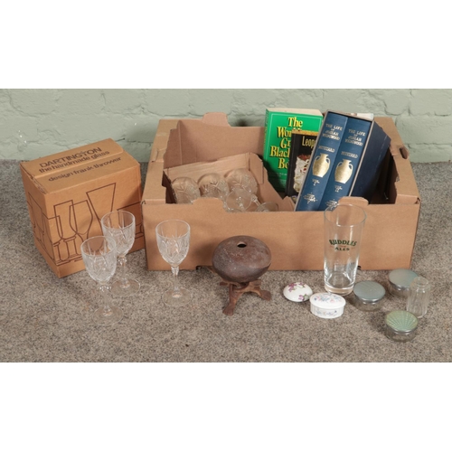 256 - A box of mixed collectables including cut glass wine glasses, Dartington wine glasses, The Life of J... 