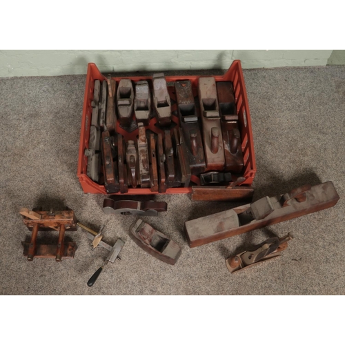 266 - A box of assorted wood working planes, to include moulding, block and W.Marples and Sons plough plan... 