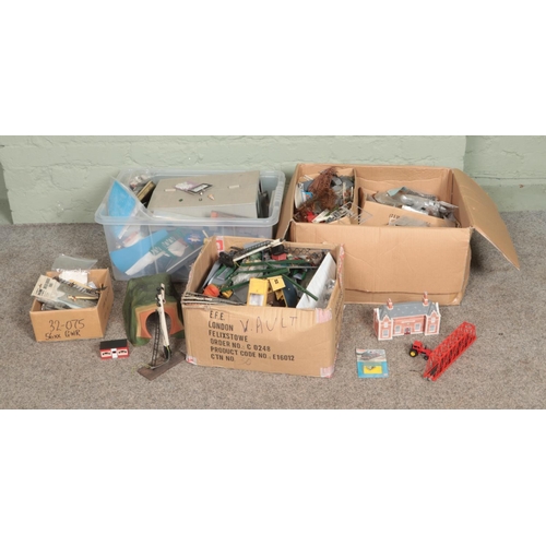 268 - Three boxes of assorted model railway scenery, buildings and diorama supplies to include Hornby, min... 