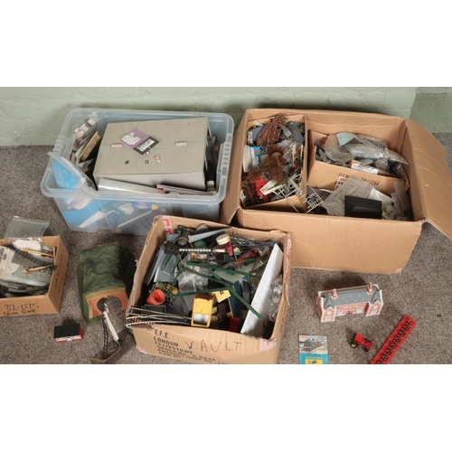 268 - Three boxes of assorted model railway scenery, buildings and diorama supplies to include Hornby, min... 