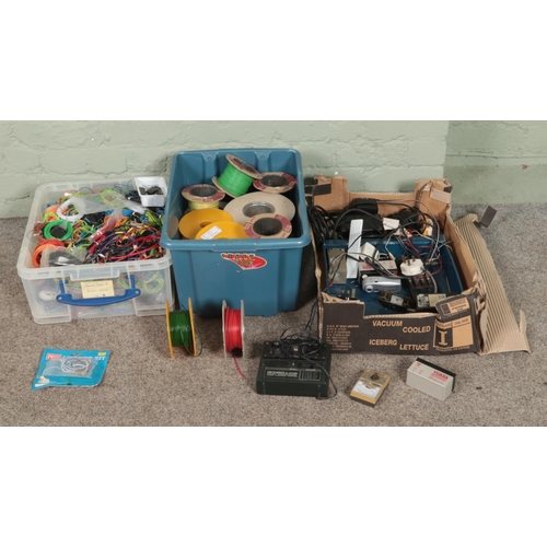 290 - Three boxes of mostly electronic spares and repairs intended for model railway. Includes several cab... 