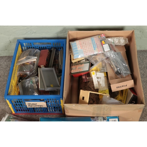 298 - Two boxes of assorted model railway building, scenery and diorama supplies to include backgrounds, c... 