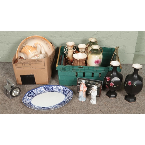 307 - Two boxes of mostly ceramics. Includes Victorian vases, Roberts radios, blue & white meat plate Bard... 