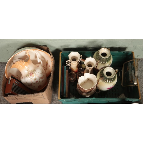 307 - Two boxes of mostly ceramics. Includes Victorian vases, Roberts radios, blue & white meat plate Bard... 