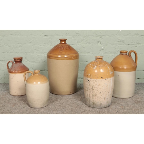 313 - Five stoneware flagons, including advertising examples for A. Bentley & Son, Doncaster and J & G Ste... 