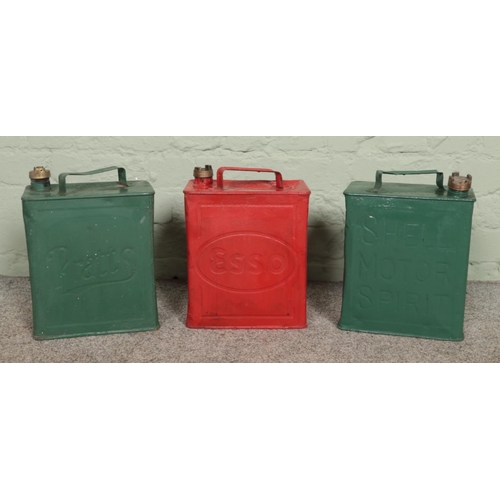 350 - Three vintage petrol cans; Pratts, Shell and Esso.