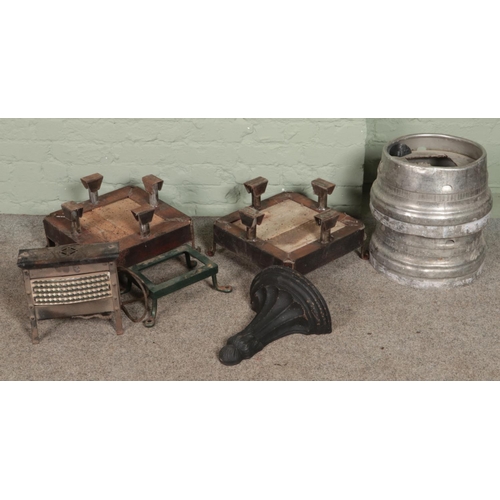 429 - A quantity of assorted items. Includes metal and wood stands possibly for planters or chimney pots, ... 