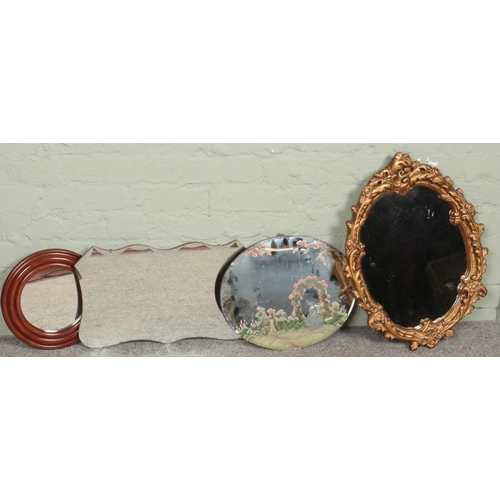 437 - Four wall mirrors. Includes oval painted example, etc.