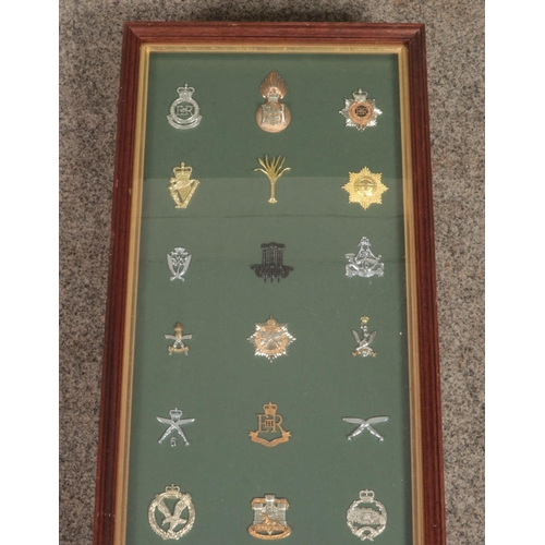 450 - A large framed display of 31 military cap badges. Includes Gordon Highlanders, Gurkhas, Royal Highla... 