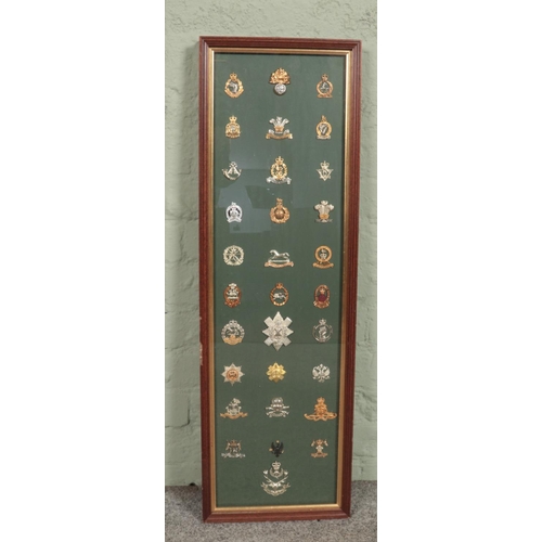 451 - A large framed display of 31 military cap badges. Includes Queen's Own Highlanders, Royal Regiment o... 