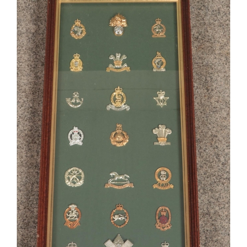 451 - A large framed display of 31 military cap badges. Includes Queen's Own Highlanders, Royal Regiment o... 