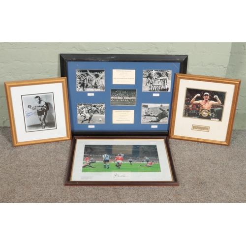 453 - Four framed signed pictures/prints. Includes a Sheffield Wednesday FC vs Sheffield United FC boxing ... 