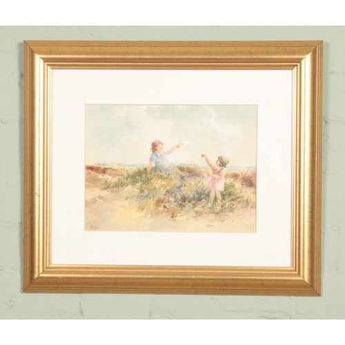 467 - Thomas (Tom) Paterson (early 20th century) gilt framed watercolour depicting two children playing by... 