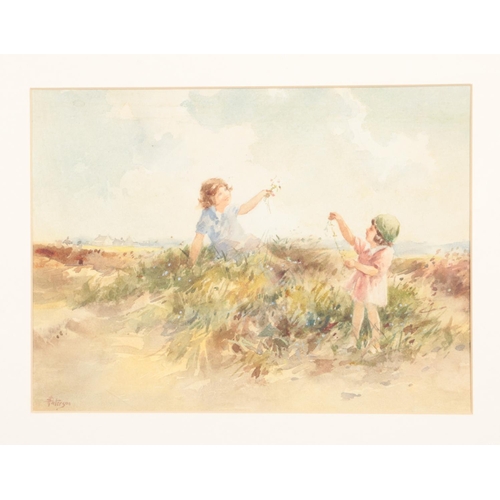 467 - Thomas (Tom) Paterson (early 20th century) gilt framed watercolour depicting two children playing by... 