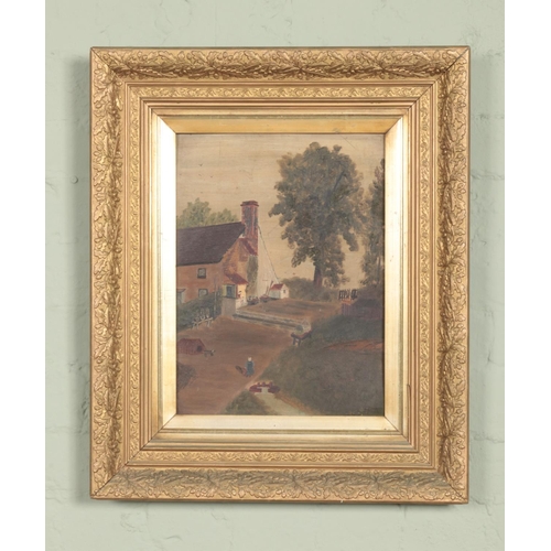 468 - A gilt framed amateur oil on board depicting rural farming scene. Approx. dimensions including frame... 