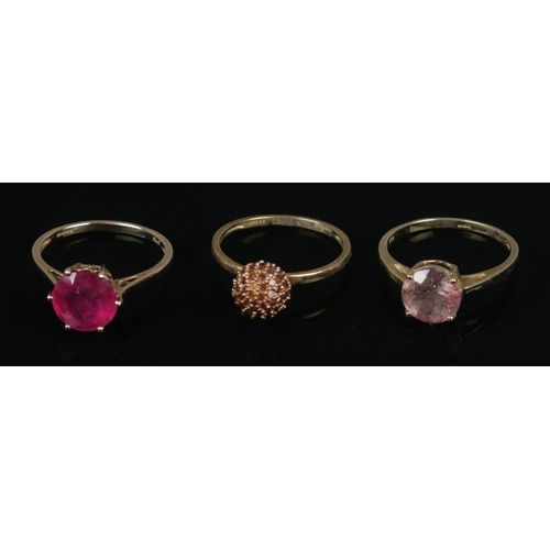 482 - Three 9ct gold rings to include ruby, diamond and astraeolite examples. All with certificates of aut... 