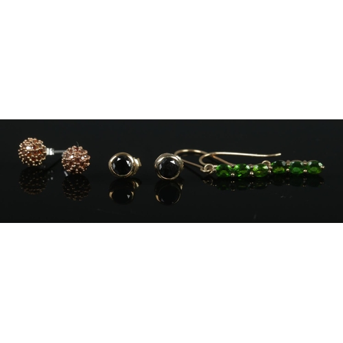 484 - Three pairs of 9ct gold earrings to include diamond and chrome diopside examples. Each with certific... 