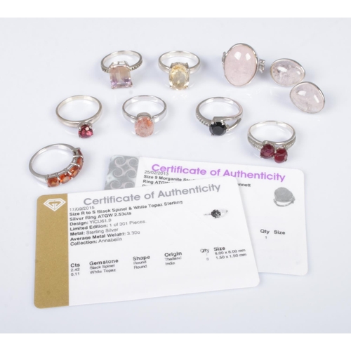 486 - Eight silver gemstone rings to include morganite example with matching earrings. Gross weight 41.9g.