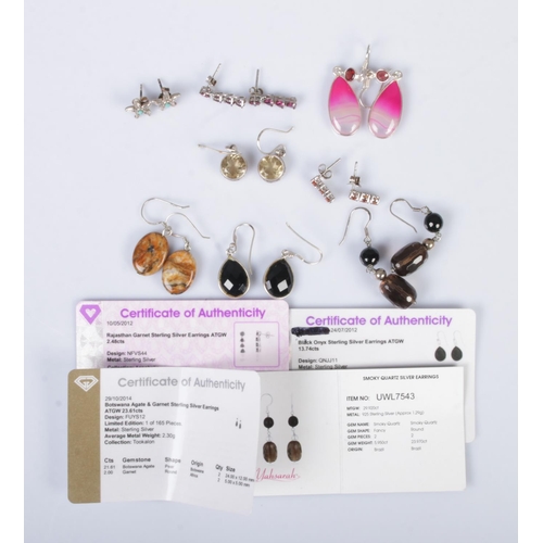 487 - Eight pairs of silver gemstone earrings to include Botswana Agate, Onyx and Garnet examples. Four wi... 