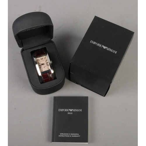 491 - A boxed stainless steel Emporio Armani quartz wristwatch, on leather strap.