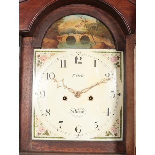 568 - A 19th century oak long case clock. Having twin swan neck pediment and painted dial marked for R. Ho... 