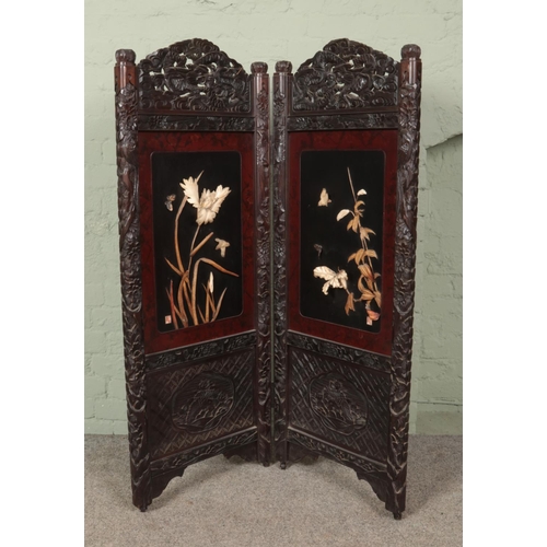 631 - A Japanese carved and lacquered two fold dressing screen. Having Shibayama style decoration. Height ... 