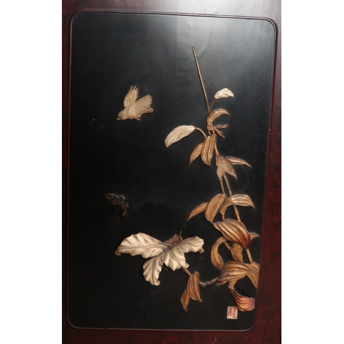 631 - A Japanese carved and lacquered two fold dressing screen. Having Shibayama style decoration. Height ... 