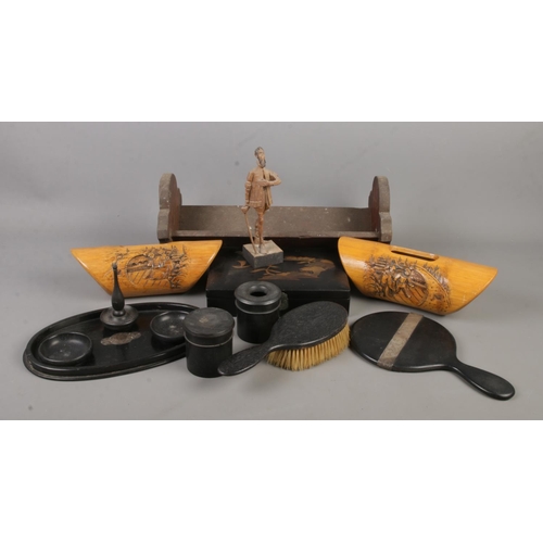 188 - A collection of woodenwares. Includes silver mounted ebony dressing table items, Oriental lacquered ... 