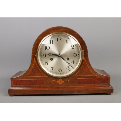 194 - A German inlaid mantle clock, c.1930's-1940's, featuring burr walnut and mother of pearl decoration.