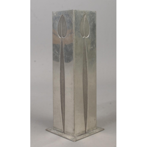 213 - A Charles Rennie Mackintosh pewter vase of square form. Height 15cm.