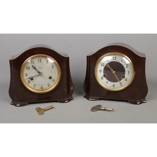 224 - Two Smiths Enfield Bakelite mantle clocks. Both with pendulums and keys.