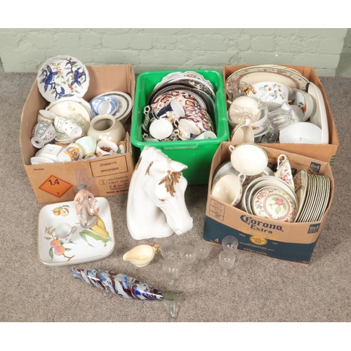 285 - Four boxes of miscellaneous. Includes Murano style glass fish, Royal Worcester Evesham, Edwardian te... 