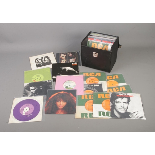 291 - A record case with contents of vinyl singles of mainly rock to include David Bowie, U2, Kate Bush, T... 