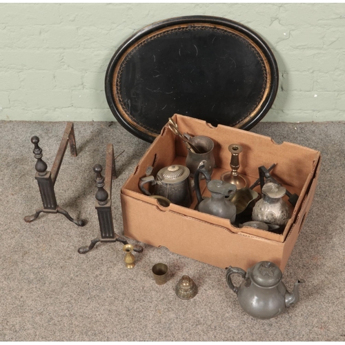 295 - A collection of assorted metalwares to include pair of fire dogs, brass miniatures, EPNS, pewter, et... 