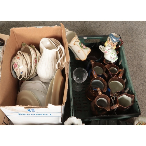 297 - Four boxes of miscellaneous. Includes Victorian ceramics, pottery clock garniture, copper lustre jug... 