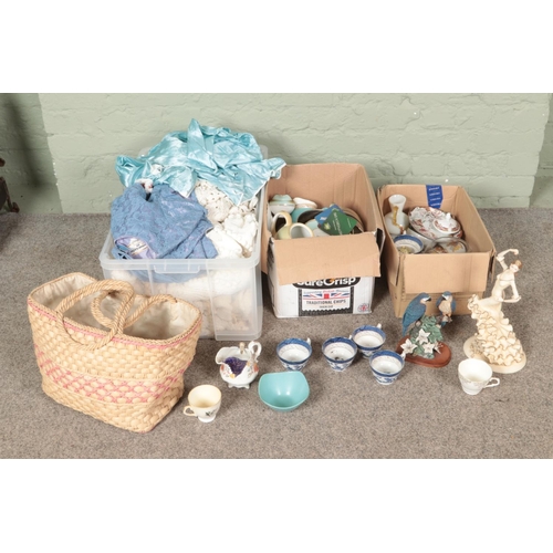 304 - Three boxes of miscellaneous to include linens, Leonardo Collection, Ye Old Chinese Willow, Goebel, ... 