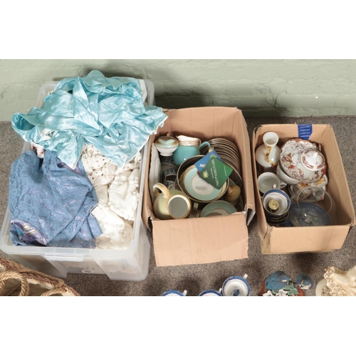 304 - Three boxes of miscellaneous to include linens, Leonardo Collection, Ye Old Chinese Willow, Goebel, ... 