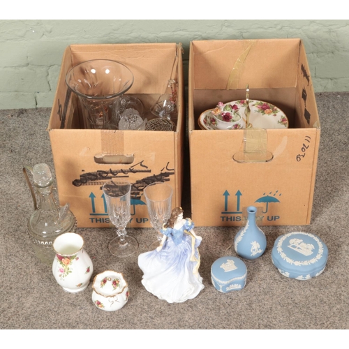 330 - A box of miscellaneous to include cut glass, Royal Doulton Rebecca figure (HN4041), Royal Albert Old... 