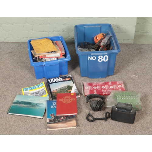 336 - Two boxes of model railways spares, repairs, track and accessories including several books, scenery ... 