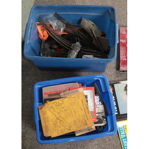 336 - Two boxes of model railways spares, repairs, track and accessories including several books, scenery ... 