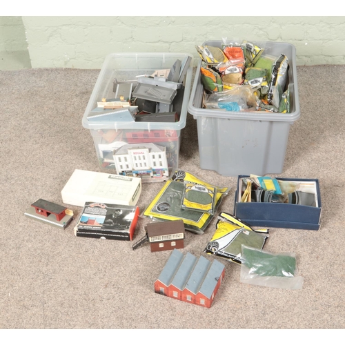 267 - Two boxes of assorted model railway scenery, buildings and diorama supplies to include Hornby, card ... 