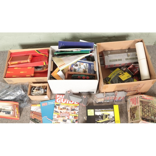 348 - Three boxes of assorted model railway scenery, boxed kits and diorama supplies to include Hornby, Me... 