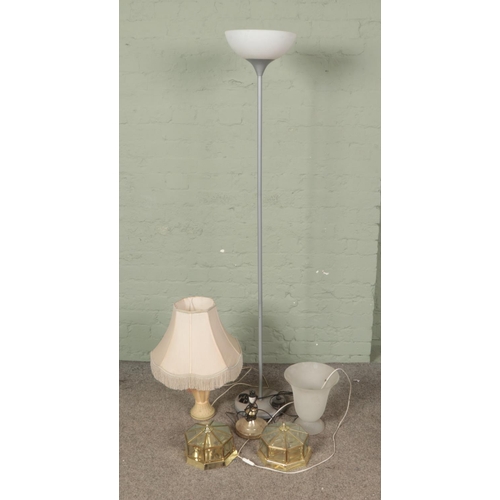 356 - A quantity of mixed lighting including standard lamp, brass and bevelled glass ceiling lights, table... 