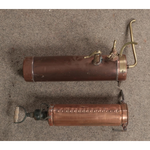 373 - A copper and brass gas water heater together with copper and brass fire extinguisher