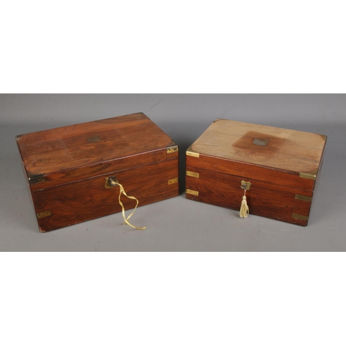 387 - Two brass bound stationary boxes to include example set with green leather inset.